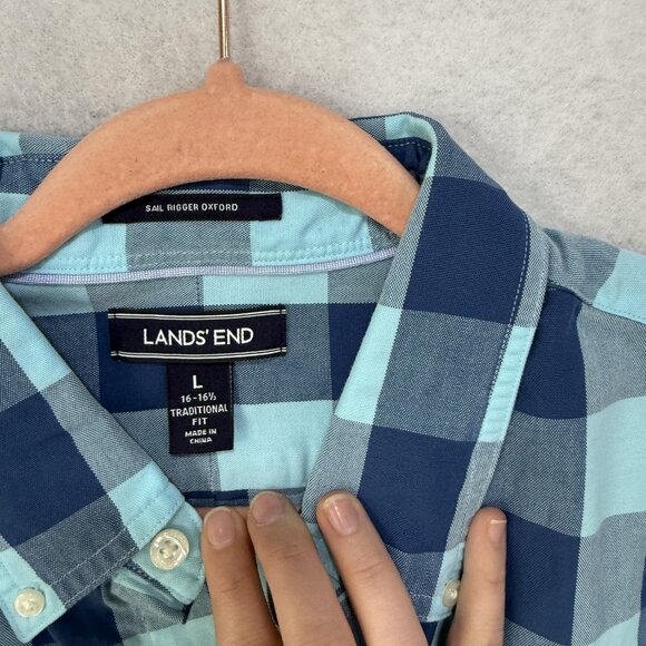 Lands' End Shirt Mens Large Blue Navy Sail Rigger Oxford Plaid Button Down - Picture 5 of 11